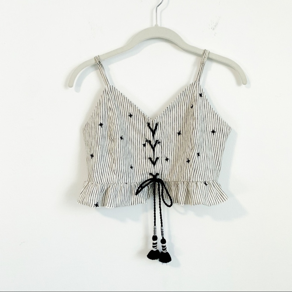 AEO Lace Up Peplum Embroidered Cropped Tank Top